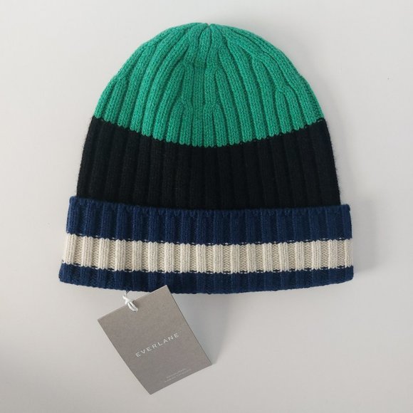 Everlane Cashmere Beanie Unisex Blue Green Striped Knit Hat Quality Winter NWT - Picture 2 of 10